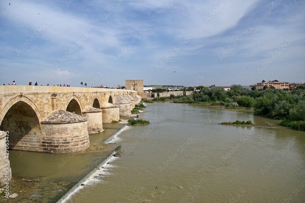 View of the Roman Bridge, a stone bridge that spans the river Guadalquivir.