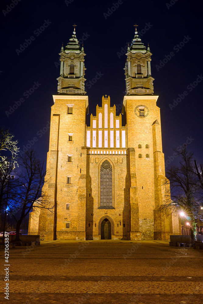 the facade and bell towers of the historic Gothic cathedral at night