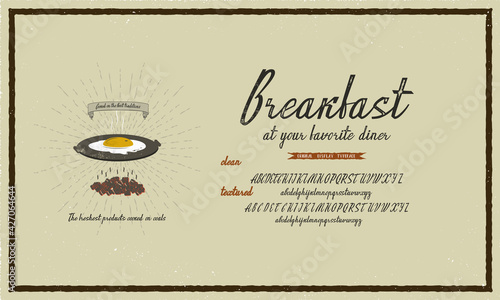 Handwritten calligraphic font. A textural and clean version of the letters is attached. Vector fried egg on hot coals. Vector illustration