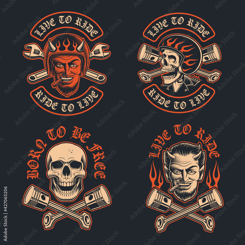 Vector illustrations of a biker devil with a cigar, biker’s patch, and biker skull in the helmet. The design is perfect for logos, apparel designs, and many other uses. Vector illustrations of a biker devil with a cigar, biker’s patch, and biker skull in the helmet. The design is perfect for logos, apparel designs, and many other uses.