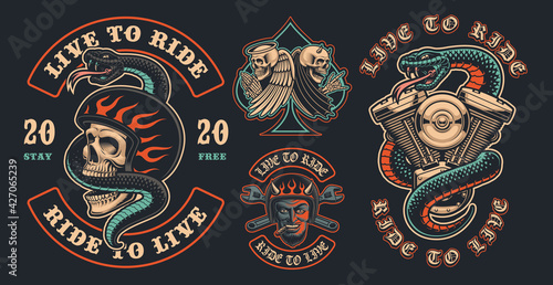 Set of color biker patches on a dark background. These vector illustrations are perfect for apparel designs, logos, and many other uses.