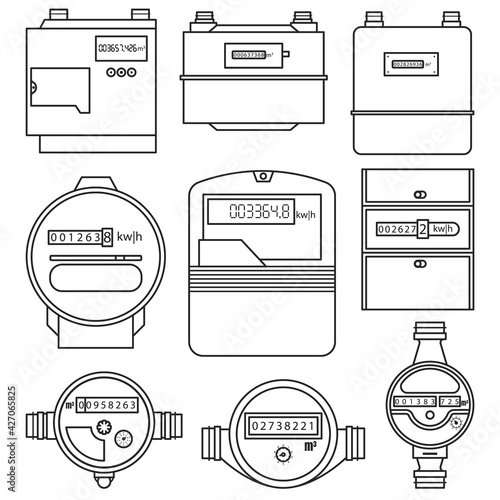 Electric power, gas, water meter vector outline set icon. Vector illustration counter on white background. Isolated vector outline set icon electric power, gas, water meter.