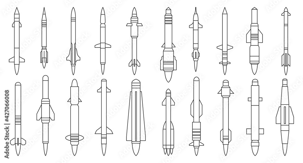 Ballistic missile vector outline set icon. Vector illustration military rocket on white background . Isolated outline set icon balistic missile. - obrazy, fototapety, plakaty 