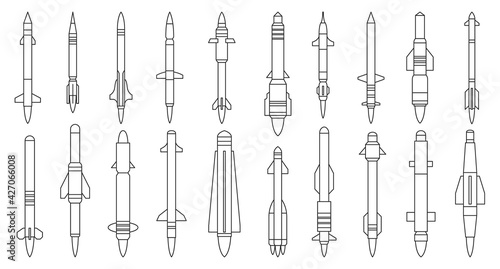 Ballistic missile vector outline set icon. Vector illustration military rocket on white background . Isolated outline set icon balistic missile.