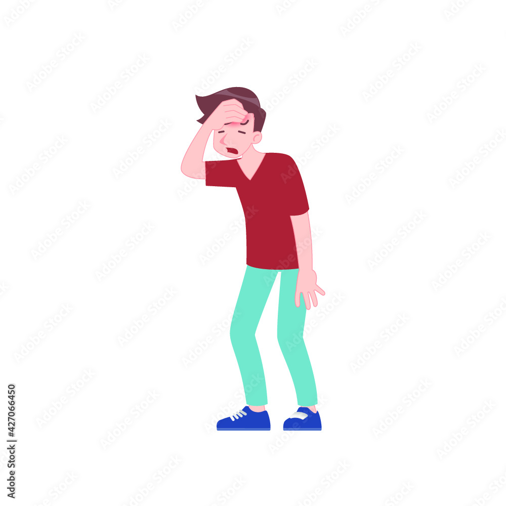 Illness symptoms of a viral infection and respiratory. A sick man in action of Headache and fever. Vector illustration flat cartoon style in Coronavirus COVID-19 concept. Illness symptoms of a viral infection and respiratory. A sick man in action of Headache and fever. Vector illustration flat cartoon style in Coronavirus COVID-19 concept.