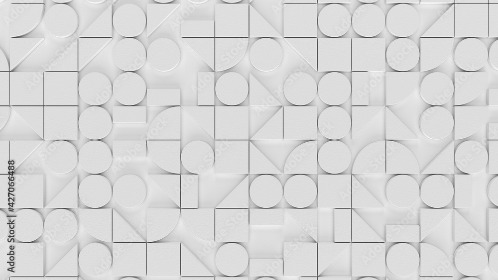 Obraz premium Modern white background with swiss styled semicircular and square 3d elements pattern. Minimal light background. 3d render illustration