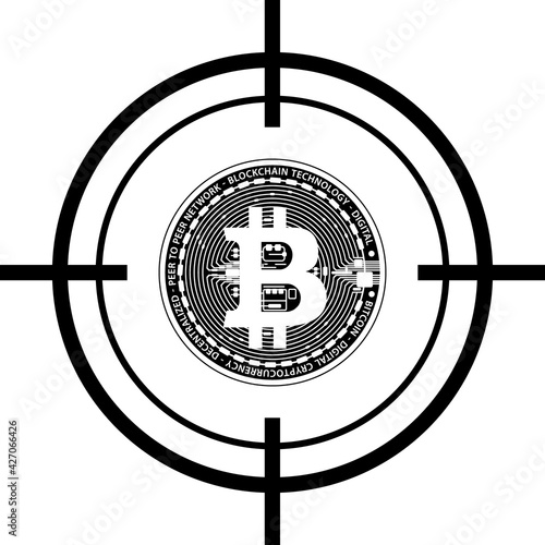 bitcoin coin in the sight of the weapon. The hunt for bitcoin