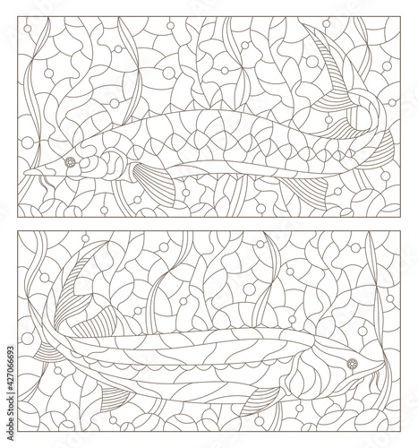 Set of contour illustrations in stained glass style with beluga fishes, dark outlines on a white background, rectangular illustrations