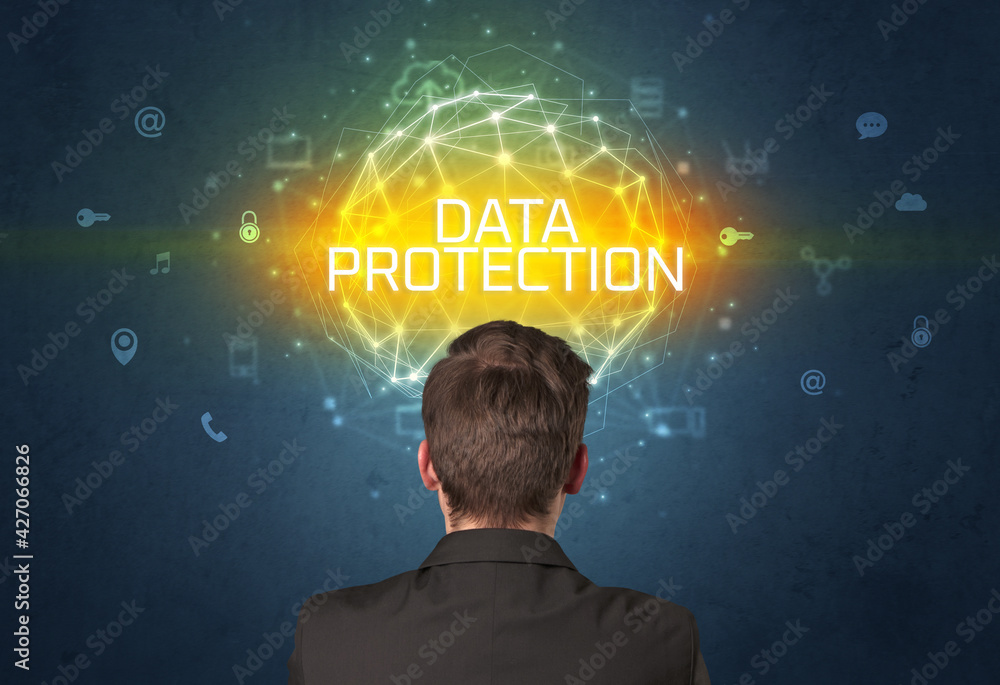 Rear view of a businessman, online security concept Rear view of a businessman, online security concept
