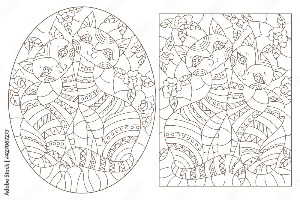 Set of contour illustrations in stained glass style with cute cartoon cats, dark outlines on a white background