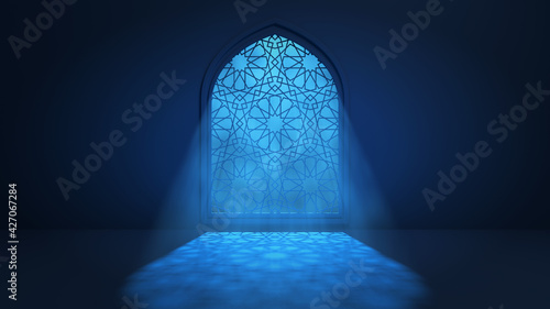 Moon light shine through the window into islamic mosque interior. Ramadan Kareem islamic background. 3d render illustration photo