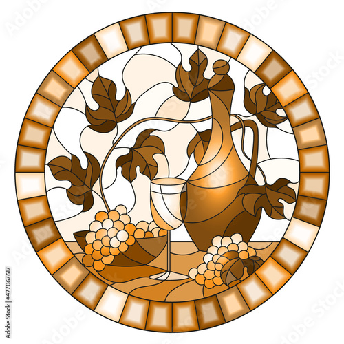 Illustration in stained glass style painting with a still life, a jug of wine, glass and grapes on a light background,oval image in bright frame, monochrome,tone brown