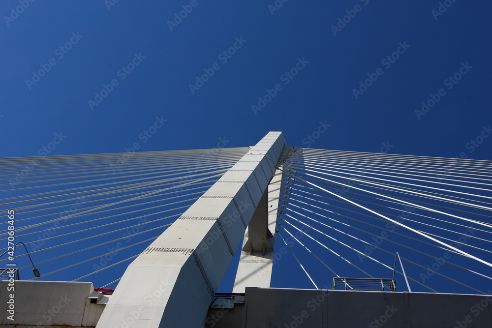 The pylon of the cable-stayed bridge and the cable stays against the sky for the thematic banner