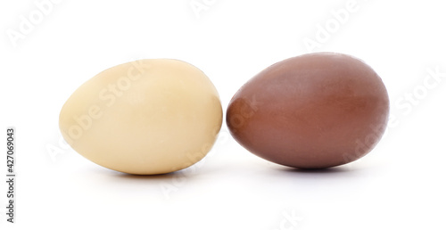 Two eggs made of white and dark chocolate.