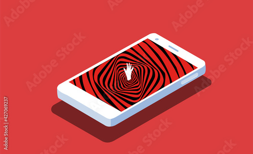 A person drowning in smartphone, this illustrations shows about smartphone addiction at high point where there is no way to return from addiction, at certain point it damage normal lifestyle 