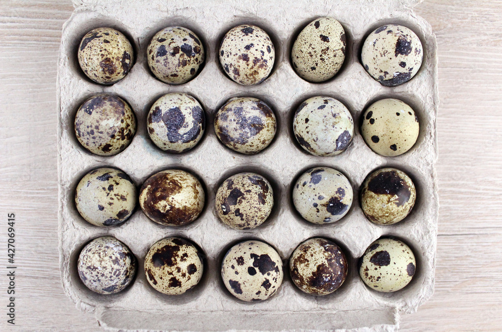 Quail eggs background. Quail eggs in a box for easter Quail eggs background. Quail eggs in a box for easter