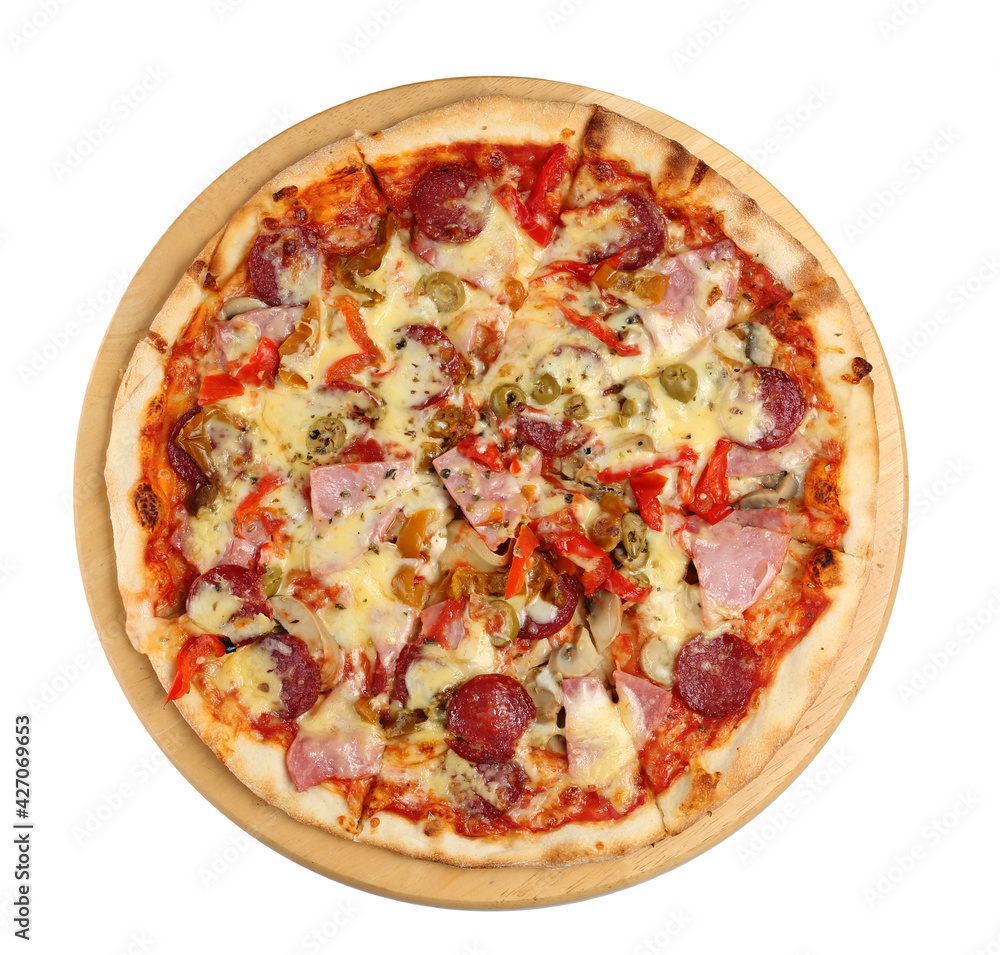 Pizza with ham, smoked sausage, paprika, olives, cheese on tomato sauce. Top view on white background.