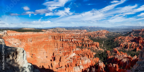 Aerial panoramic view of the beautiful American Canyon Landscape. Dramatic Cloudy Blue Sky Artistic Render. Taken in Bryce Canyon National Park, Utah, United States