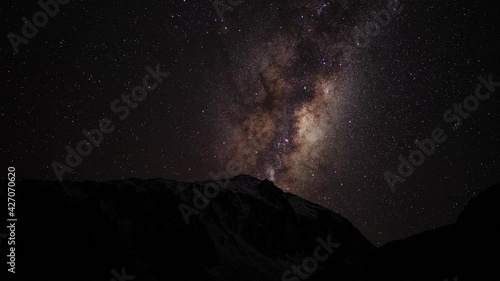 Amazing dark, clear, starry winter night skies and bright Milky Way light up snowy Mount Herman, South Island Alps of New Zealand photo