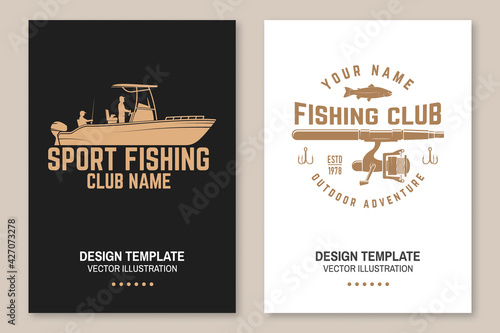 Sport Fishing club. Vector. Flyer, brochure, banner, poster design with fish rod and fishing boat silhouette. Outdoor adventure fishing club emblem