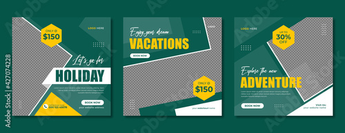 Travel agency social media banner template for business promotion. Holiday tour & tourism advertisement post design. Web banner, flyer or poster with logo & icon for online travelling marketing.