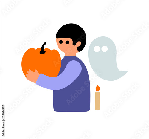 Happy Halloween design concept with young biy and pumpkin in hands. photo