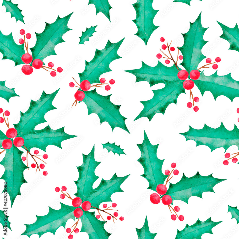 Christmas seamless pattern with
holly on white background,
watercolor illustration