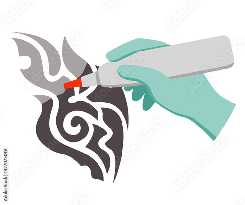Laser tattoo removal.Removal procedure unwanted tattoos.Hand holds tattoo removal machine tattoo.Vector illustration.Isolated on white background.