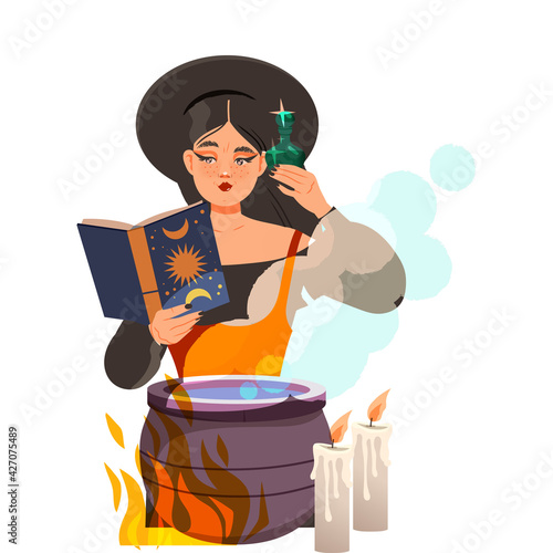 Woman as Fortune Teller or Psychic Reading Spell at Boiling Cauldron Predicting Future or Performing Occult Ritual Vector Illustration