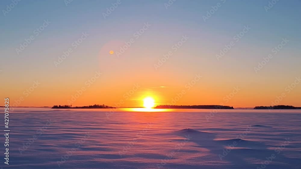 Magic sunset over snowy landscape. Panning Magic sunset over snowy landscape. Panning