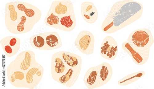 Vector set of Nuts, Seeds and Utensils. Included walnut, sesame, almond, peanut, cashew, sunflower seeds, hazelnut, pistachio, pine, brazil nuts isolated on pastel colored grunge covers. Snack mix.