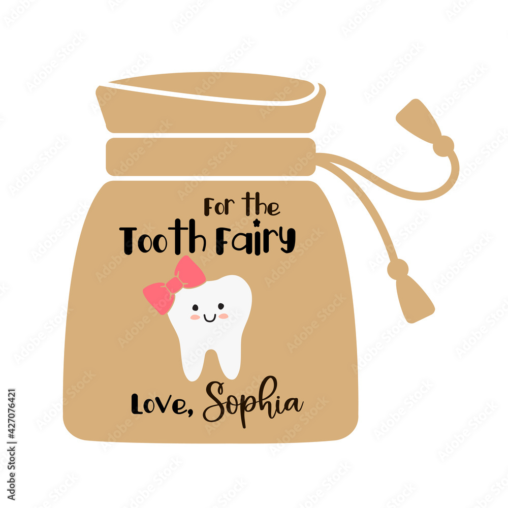 Tooth Fairy bag with a girl tooth and the inscription Tooth Fairy bag with a girl tooth and the inscription