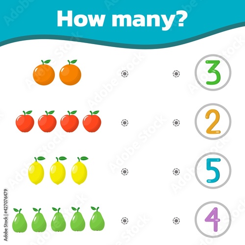 Math colorful game for kids. How many cute sweet fruits are there. Vector illustration.