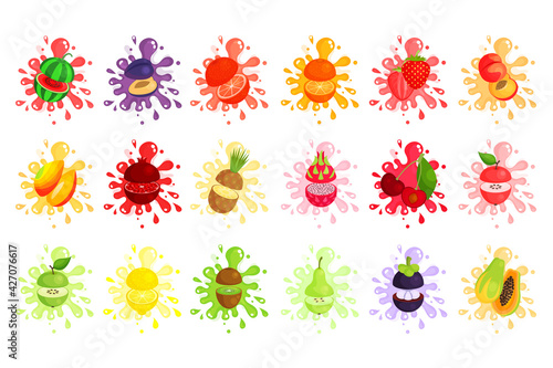 Juicy Cut Fruits with Pulpy Splashes and Blots Vector Set photo