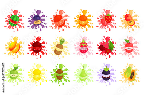 Juicy Cut Fruits with Pulpy Splashes and Blots Vector Set