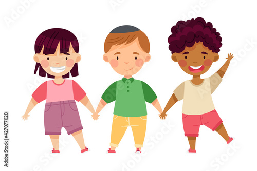 Multiethnic Children Holding Hands and Smiling Vector Illustration