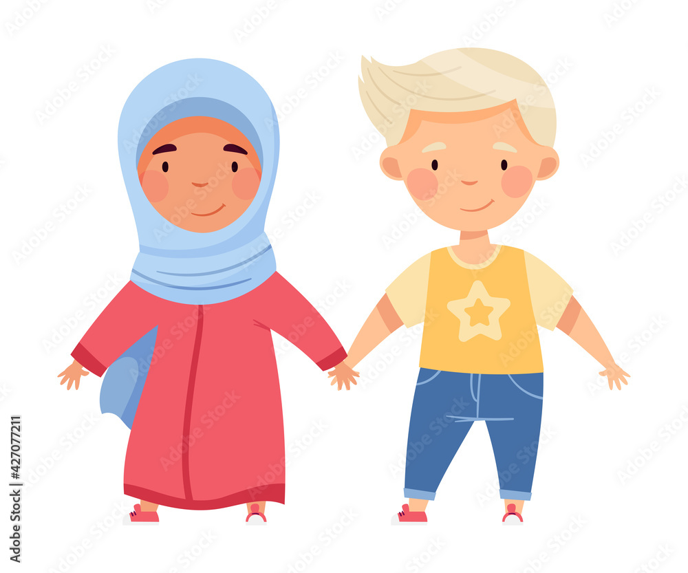 Cheerful Boy and Girl of Diverse Nationality Holding Hands and Smiling Vector Illustration Cheerful Boy and Girl of Diverse Nationality Holding Hands and Smiling Vector Illustration