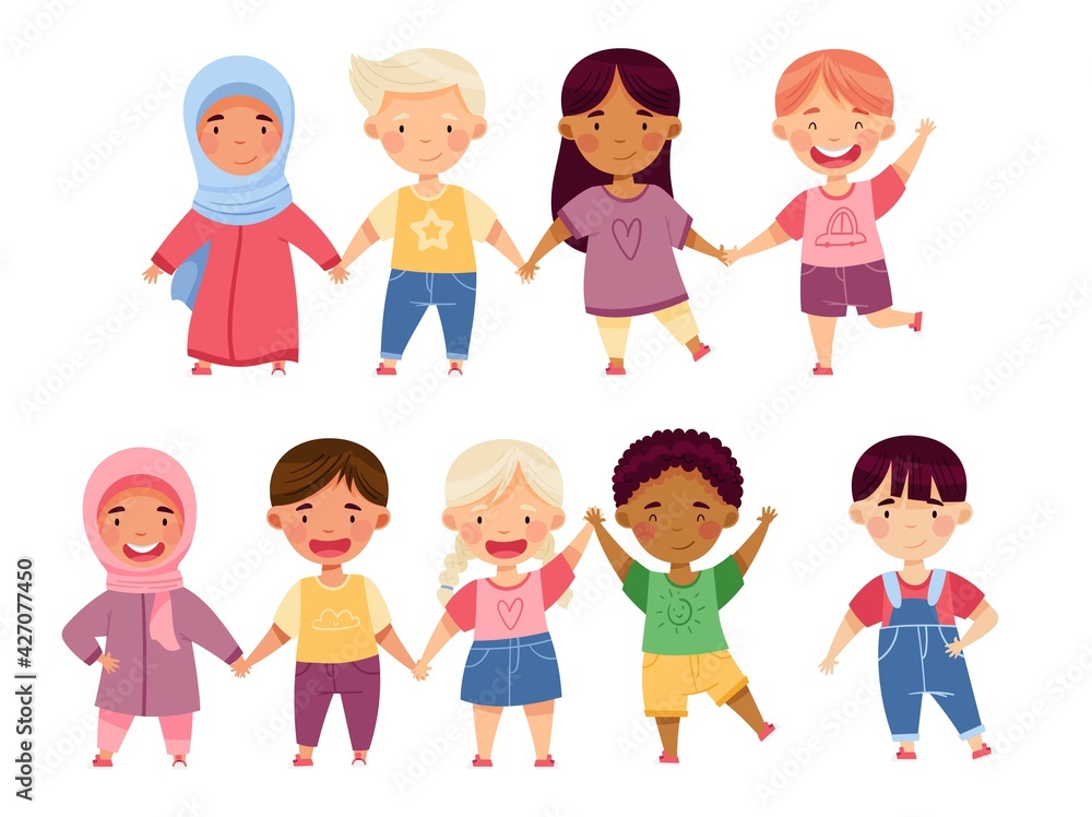 Multiethnic Children Holding Hands and Smiling Vector Set