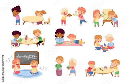 Kids Spending Time Together Playing Toys and Game in Kindergarden Vector Set