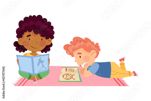 Little Boy and Girl in Kindergarden Sitting on the Floor and Reading Fairy Tale Vector Illustration