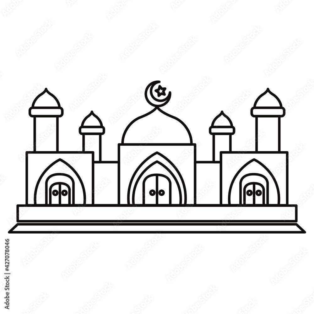 Vector illustration of a mosque  or masjid building with colorless lines, perfect for coloring books