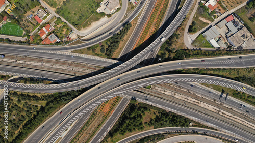 Aerial drone photo of multilevel highway junction toll road of Attiki Odos connecting Attica to Athens International Airport of Eleftherios Venizelos, Attica, Greece