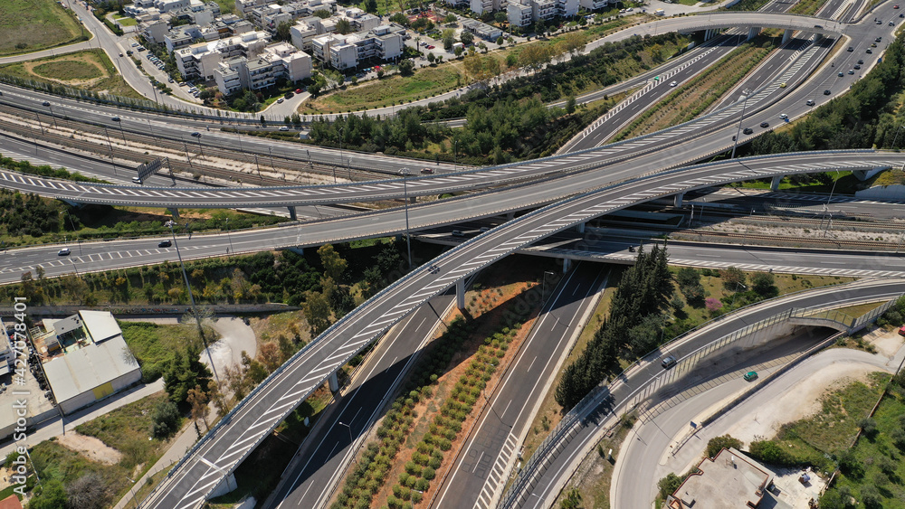 Aerial drone photo of multilevel highway junction toll road of Attiki Odos connecting Attica to Athens International Airport of Eleftherios Venizelos, Attica, Greece Aerial drone photo of multilevel highway junction toll road of Attiki Odos connecting Attica to Athens International Airport of Eleftherios Venizelos, Attica, Greece