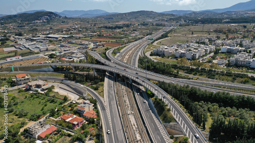 Aerial drone photo of multilevel highway junction toll road of Attiki Odos connecting Attica to Athens International Airport of Eleftherios Venizelos  Attica  Greece