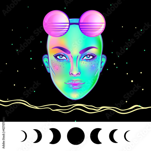 Portrait of robot android woman in retro futurism style. Vector illustration of a cyborg in glowing neon bright colors. futuristic synth wave flyer template. Cyber technology.