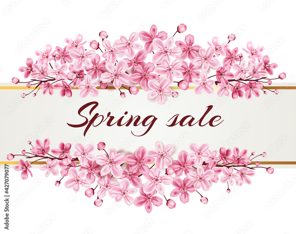 Spring sale background with pink cherry branch