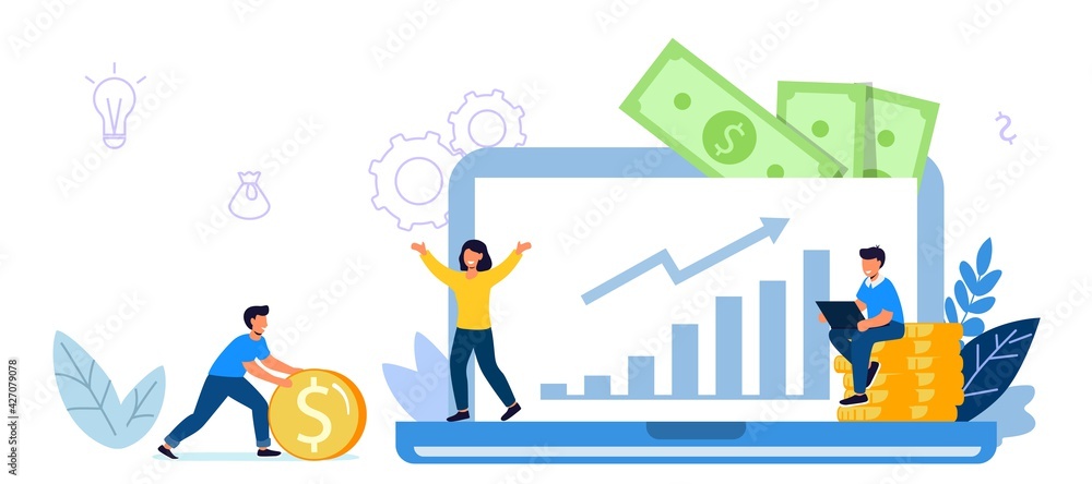 Invest in best idea Investment and analysis money cash profits metaphor Flat design tiny people and business concept for trading Economical wealth revenue visualized as pile of cash vector illustratio