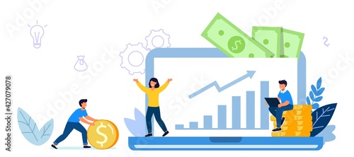Invest in best idea Investment and analysis money cash profits metaphor Flat design tiny people and business concept for trading Economical wealth revenue visualized as pile of cash vector illustratio photo