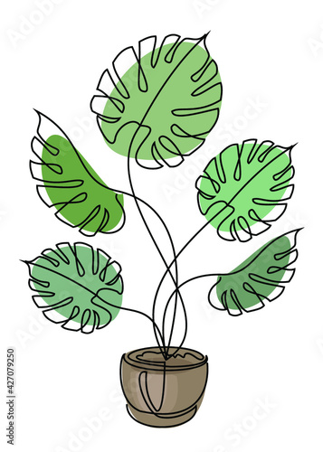 Potted monstera flower branch in modern style in one line style. Continuous line drawing, outline for home decor, posters, wall art, stickers. Floral logo, icon vector illustration.