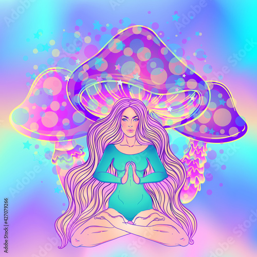 Beautiful Girl sitting in lotus position over ornate colorful neon background. Vector illustration. Psychedelic mushroom composition. Buddhism esoteric motifs. Tattoo, spiritual yoga.
